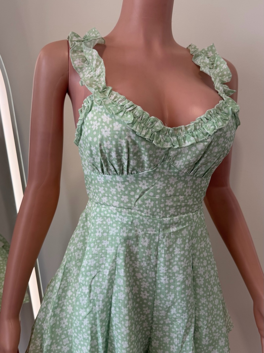 Ruffled Tie-Back Mini Dress in Light Green Floral - Picture 3 of 5